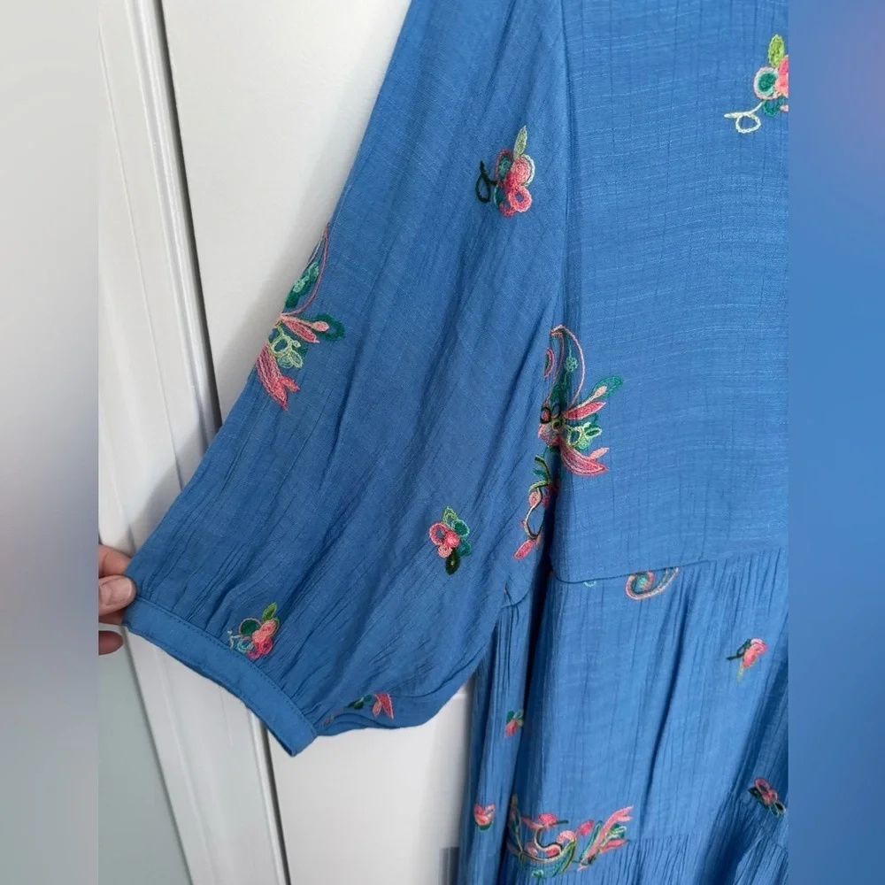 Anthropologie Fig And Flower Dress Womens XL Blue Tiered Embroidered Maxi - Picture 4 of 7